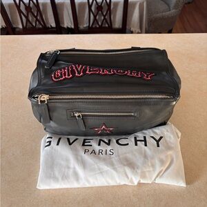 Givenchy Black Leather Toiletry Bag with Red Embroidered Logo